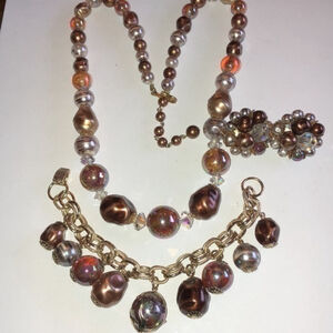 Vintage Antique Brown & Off White Faux Pearl Necklace Bracelet & Earrings Set